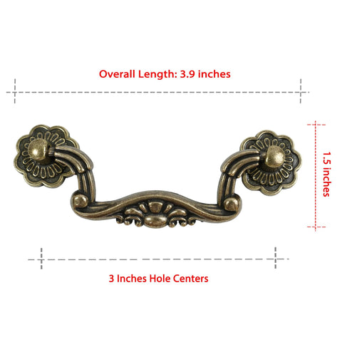 Front view of Six Pack Antique Brass Drop Bail Pulls with vintage floral base plates, 3-inch hole centers, for cabinets and dressers.