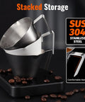 Two Piece Stainless Steel Espresso Cups With Handles And A Pro Pour Double Spout Measuring Cup stacked with coffee beans