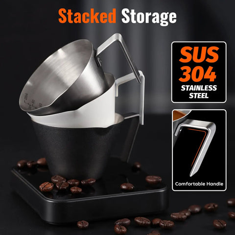 Two Piece Stainless Steel Espresso Cups With Handles And A Pro Pour Double Spout Measuring Cup stacked with coffee beans