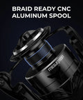 Megatron Spinning Fishing Reel Size 5000 close-up showing braid-ready CNC aluminum spool for freshwater and saltwater use.