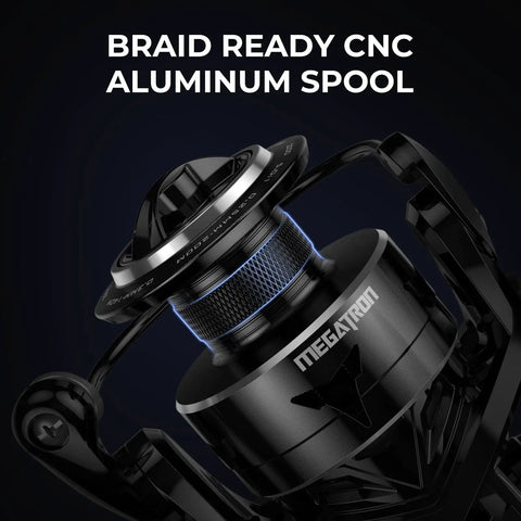 Megatron Spinning Fishing Reel Size 5000 close-up showing braid-ready CNC aluminum spool for freshwater and saltwater use.