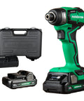 Cordless 18V Impact Driver Sub-Compact Brushless with case, charger, and two 1.5Ah batteries, includes tool warranty for tight spaces.