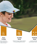 Woman wearing cap showcasing Beach Ball Crystal Golf Marker, Premium 1 Inch Ball Marker, Unique Alignment Accessory For Men And Women.