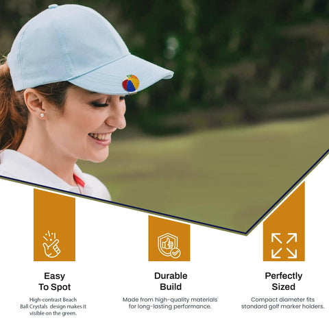 Woman wearing cap showcasing Beach Ball Crystal Golf Marker, Premium 1 Inch Ball Marker, Unique Alignment Accessory For Men And Women.