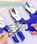 Four Pack Shape Hole Punch Set With Soft Grip For Binder Scrapbooking And Cards No Boring Holes One Quarter Inch Circle Heart Star Triangle shown with blue handles and paper storage slot