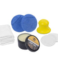 All Purpose Shop Wax Starter Kit With Carnauba Beeswax Paste For Wood Metal Epoxy Plastic Leather And Furniture Care showing contents including jar, pads, towels, and buffing mouse.
