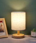Cozy Round Table Lamp With Linen Shade, Mini Bedside Night Light, Wooden Desk Lamp for Bedroom Living Room and Kids Room
