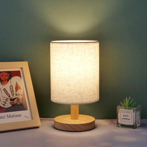Cozy Round Table Lamp With Linen Shade, Mini Bedside Night Light, Wooden Desk Lamp for Bedroom Living Room and Kids Room
