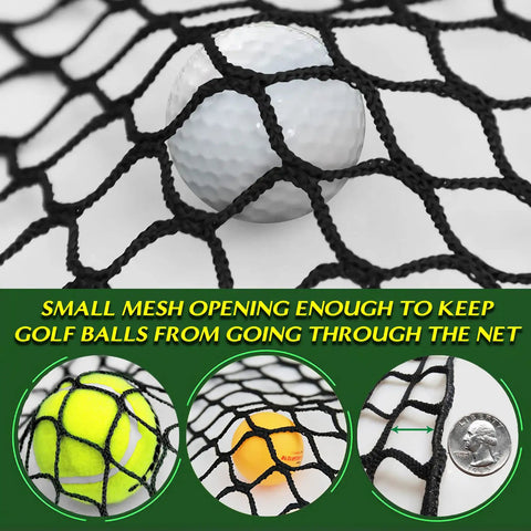 Close-up of Backyard Baseball Batting Cage Netting 10x10x10 Ft Practice Net With 4 Carabiners and 2 Tie Ropes showing tight mesh.