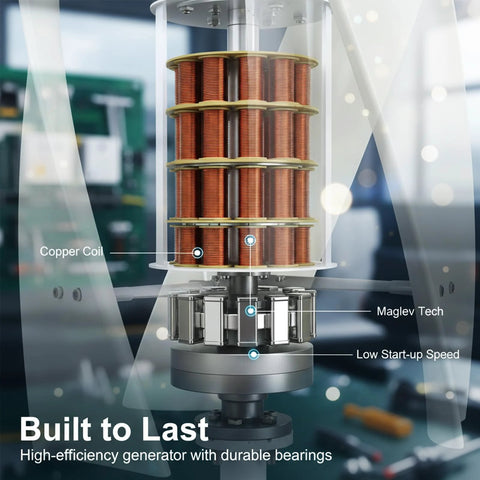 Close-up of wind turbine generator stator with copper coils and maglev components