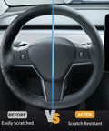 Comparison of steering wheel before and after using Premium Nappa Leather Steering Wheel Cover For Tesla Model 3 And Y 2016 Through 2026 Non Slip Breathable Black Protector.