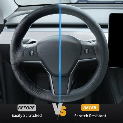 Comparison of steering wheel before and after using Premium Nappa Leather Steering Wheel Cover For Tesla Model 3 And Y 2016 Through 2026 Non Slip Breathable Black Protector.