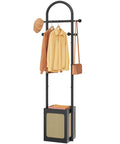 Coat Rack Stand With Wooden Base And Rattan Design Three In One Clothes Organizer With Six Hooks Small Rack For Living Room Bedroom Or Office Black Space Saver For Entryways And Small Spaces