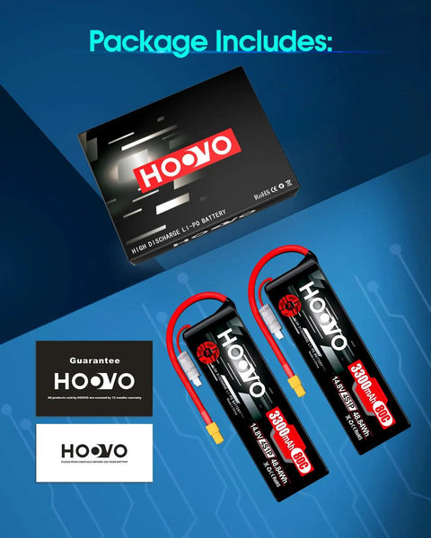 4S 14.8V 3300mAh 80C RC Lipo Battery Pack Soft Case XT60 Connector Two Pack For RC Boats Cars Trucks Drones Quadcopters Helicopters FPV Airplanes Beefy Power For Hobbyists displayed with packaging and guarantee cards