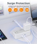 Premium 5 Ft Extension Cord Power Strip With Hella Good 900 Joule Surge Protection Flat Plug Head Four Ac Outlets Plus Usb Ports Charges seven devices simultaneously, featuring USB ports and sleek design.