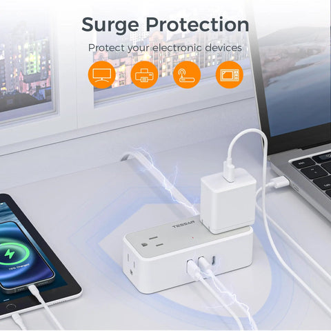 Premium 5 Ft Extension Cord Power Strip With Hella Good 900 Joule Surge Protection Flat Plug Head Four Ac Outlets Plus Usb Ports Charges seven devices simultaneously, featuring USB ports and sleek design.