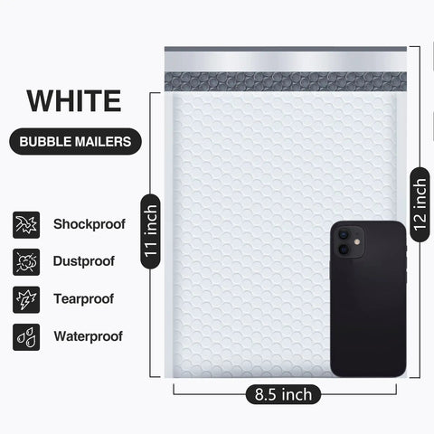 Diagram showing white Bubble Mailers 8.5x12 Inch White Pack Of 25, Usable Inner 8.5x11, with phone for size reference, shockproof and waterproof