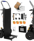 Heavy Duty Electric Stair Climbing Dolly With 1500W Motor and accessories for moving loads on stairs featuring anti-slip tires.