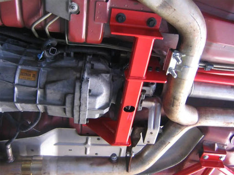 Torque Arm Relocation Kit For 1998 To 2002 Camaro Firebird With Manual Transmission Red Finish Street Ready That Boosts Launch And Driveline Stability Direct Fit For GM F Body Cars installed on Camaro underbody