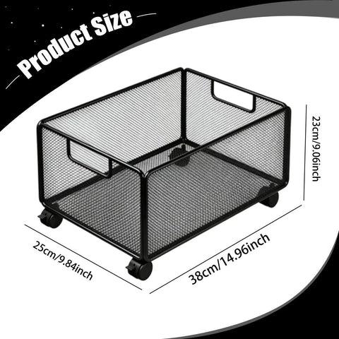 Smooth Rolling Storage Cart With Heavy Duty Iron Construction And Open Shelves Ideal For Office Organization Kitchen Utility Or Art Supply Sorting, black mesh design with wheels and dimensions.