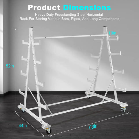 Five Tier Heavy Duty Mobile Lumber Cantilever Storage Rack On Wheels For Garage Workshop Shed Basement Holds Long Parts Up To 2000 Lbs 53 By 52 By 44 Inches front view