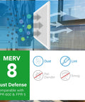 Illustration of 10x20x1 Air Filter MERV 8 Pleated 6 Pack for furnace capturing dust, lint, pet dander, and smog particles.