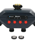 Four Zone Bluetooth Water Timer With Independent Programs And 30 Customizable Cycles, shown with buttons and washers.