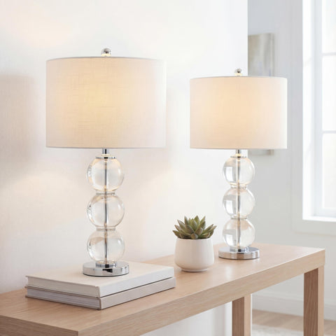 Clear Glass Triple Sphere Table Lamps Set Of Two With Chrome Finish And Super Sleek White Linen Shade For Living Room Bedroom Or Office 27 Inch Tall Bedside Lamps LED Bulbs Included And ETL Listed displayed on a wooden table