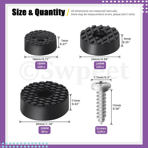 52 Piece Round Black Furniture Pad Set With Screws In 18mm 24mm And 30mm Sizes Heavy Duty Rubber Non Slip Bumpers For Tables Desks And Chairs To Protect Hardwood Floors with size details