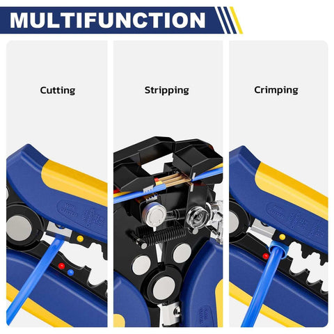 Self Adjusting Wire Stripper And Cutter With Crimping, 3 In 1 Heavy Duty Automatic Electrical Wire Strippers showing cutting, stripping, crimping