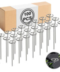 Galvanized 6 Inch Round Head Landscape Nails Tough As Nails Anti Bending Weed Barrier Stakes For Lawn Garden Fence Plant Cover And Ground Security Pack Of 50 displayed with packaging and tool.