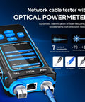 One-Stop Network Cable Tester Kit With RJ45 Crimp Tool And Optical Power Meter For Cat5 Cat6 Cat7 8P8C front view showing ports and features.