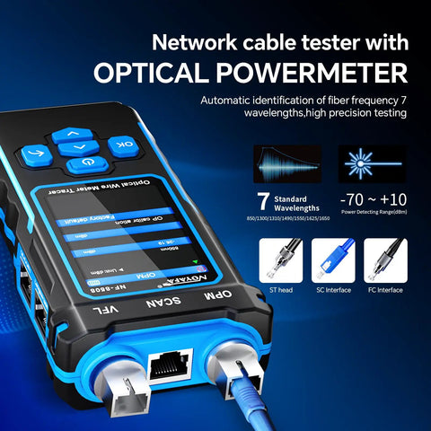 One-Stop Network Cable Tester Kit With RJ45 Crimp Tool And Optical Power Meter For Cat5 Cat6 Cat7 8P8C front view showing ports and features.