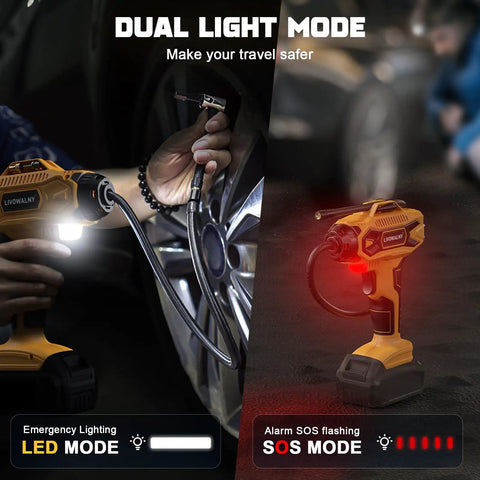 Cordless 160 PSI Tire Inflator Air Compressor with Digital Pressure Gauge showing dual light modes in use