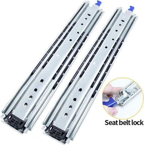 Heavy Duty Drawer Slides One Pair Telescopic Ball Bearing Tracks Full Extension Locking Brackets for Kitchen Cabinets and Pantry with seat belt lock.