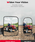Heavy Duty Magnetic Tractor Side Mirrors With 114 Lbs Each showing convex and flat mirror view on a red tractor in field