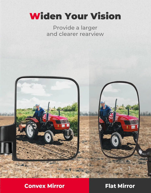 Heavy Duty Magnetic Tractor Side Mirrors With 114 Lbs Each showing convex and flat mirror view on a red tractor in field