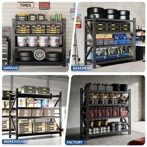 Rock Solid Four Tier Heavy Duty Garage Storage Shelves With 5000 Lb Capacity Adjustable Reinforced Steel Utility Rack for various uses.