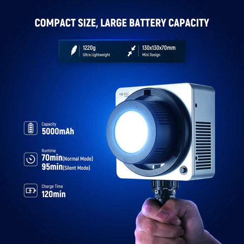 RGBWW LED Video Light With 72Wh Battery And 100W PD Fast Charging shown handheld spotlighting compact size and battery capacity.