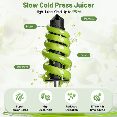 GVODE Electric Cold Press Juicer Masticating With Dual Feed Chute 700W Powerful Motor Ultra Quiet Design showcasing slow juicing technology.