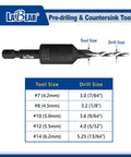 Number Eight Countersink Drill Bit Set With Replaceable HSS Drill, Pro Grade One Quarter Inch Hex shown with size chart.