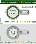 Diagram showing screw options for Garden Flag Pole Pulley And Rope Kit For 2 To 2.6 Inch Poles with dimensions