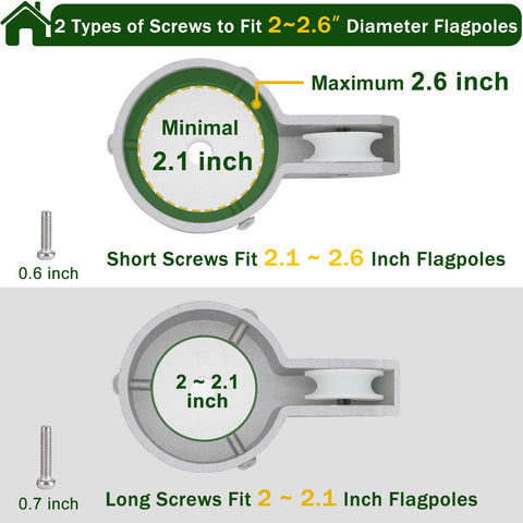 Diagram showing screw options for Garden Flag Pole Pulley And Rope Kit For 2 To 2.6 Inch Poles with dimensions