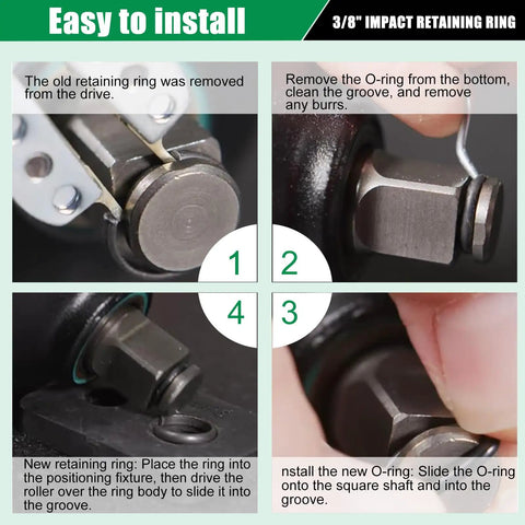 Image showing step-by-step installation of 20 Pack 3/8 In Impact Wrench Friction Retaining Ring Kit With O Rings and Anvil Socket.