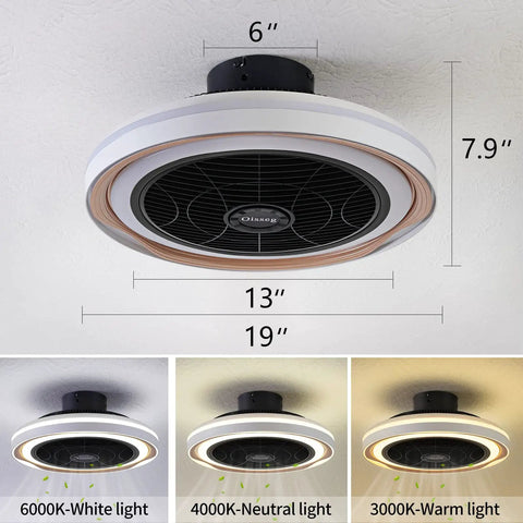 Bladeless Flush Mount Ceiling Fan With Lights And Remote, 19 Inch Low Profile, 3 Light Colors, Shown in White, Neutral, Warm