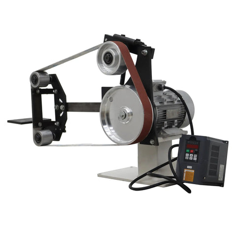 Heavy Duty Belt Sander With Easy Adjust Speed Control And Three Swappable Grinding Wheels for knife sharpening and wood polish work.
