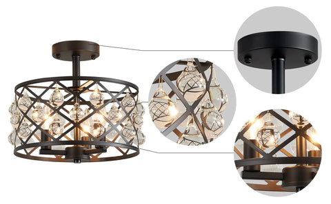 Farmhouse Semi Flush Mount Ceiling Light With Crystal Teardrops, Matte Black Finish, E12 Base, 3 Lights, Drum Net Shade
