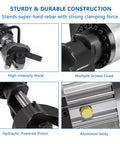 Heavy Duty Electric Hydraulic Rebar Bender 1600W Steel Straightening Tool, showing hydraulic piston and strong hook for clamping.