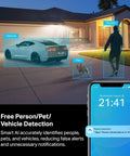 MagCam 2K Plus Outdoor Security Camera captures person, pet, vehicle detection on smartphone display in driveway at night