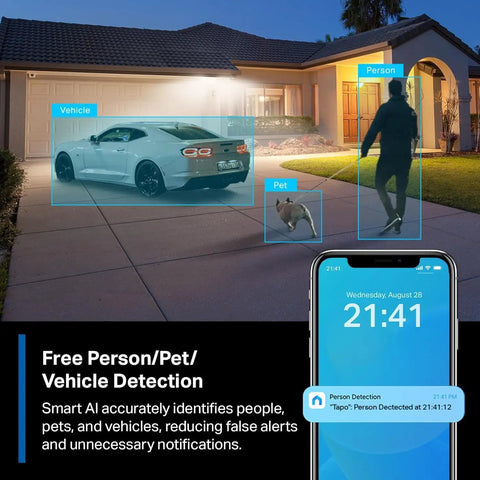 MagCam 2K Plus Outdoor Security Camera captures person, pet, vehicle detection on smartphone display in driveway at night